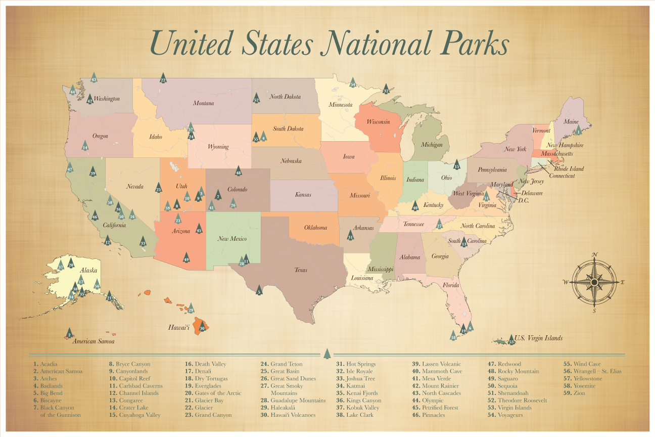 American National Parks Map Printable