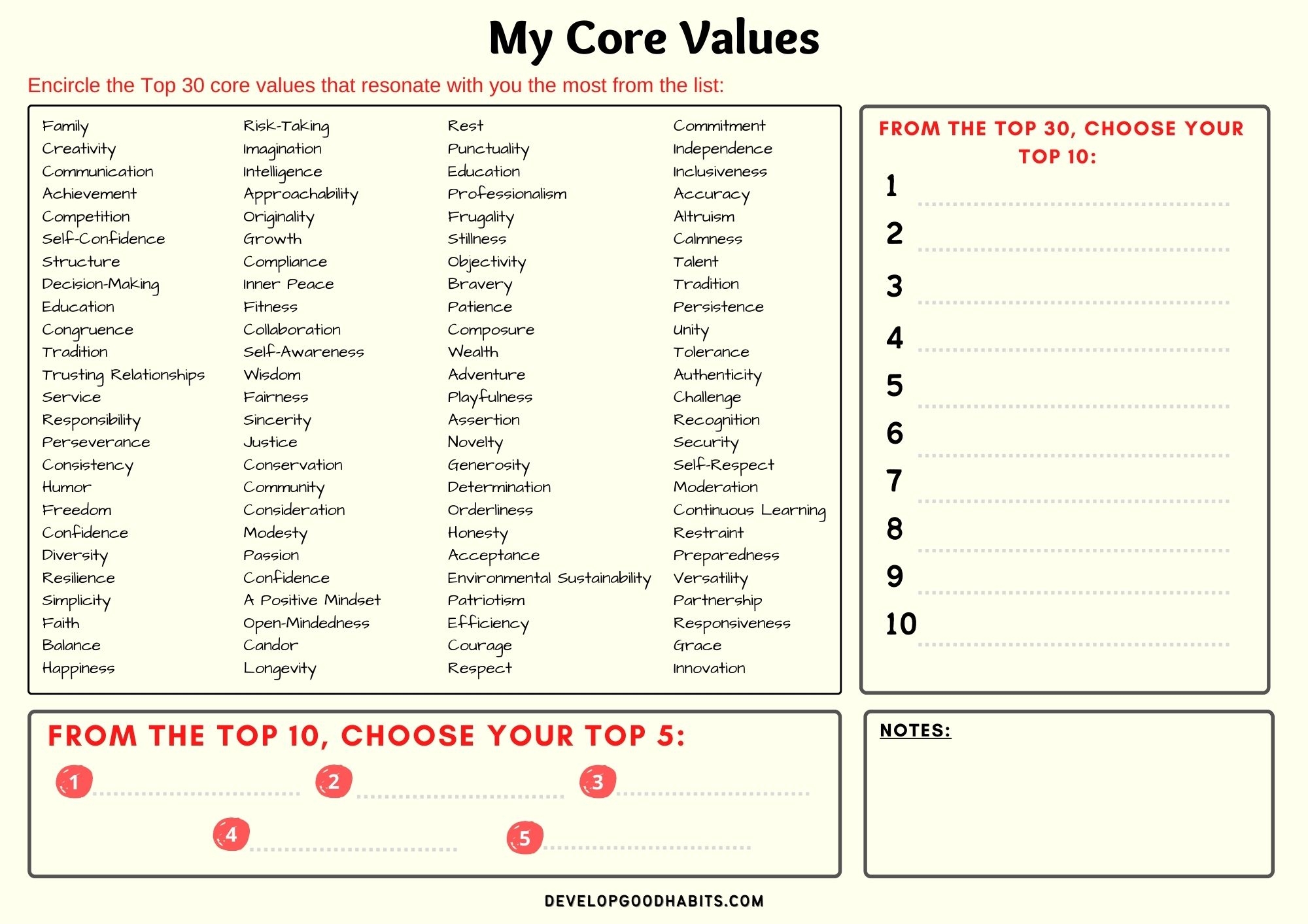 Core Values Printable