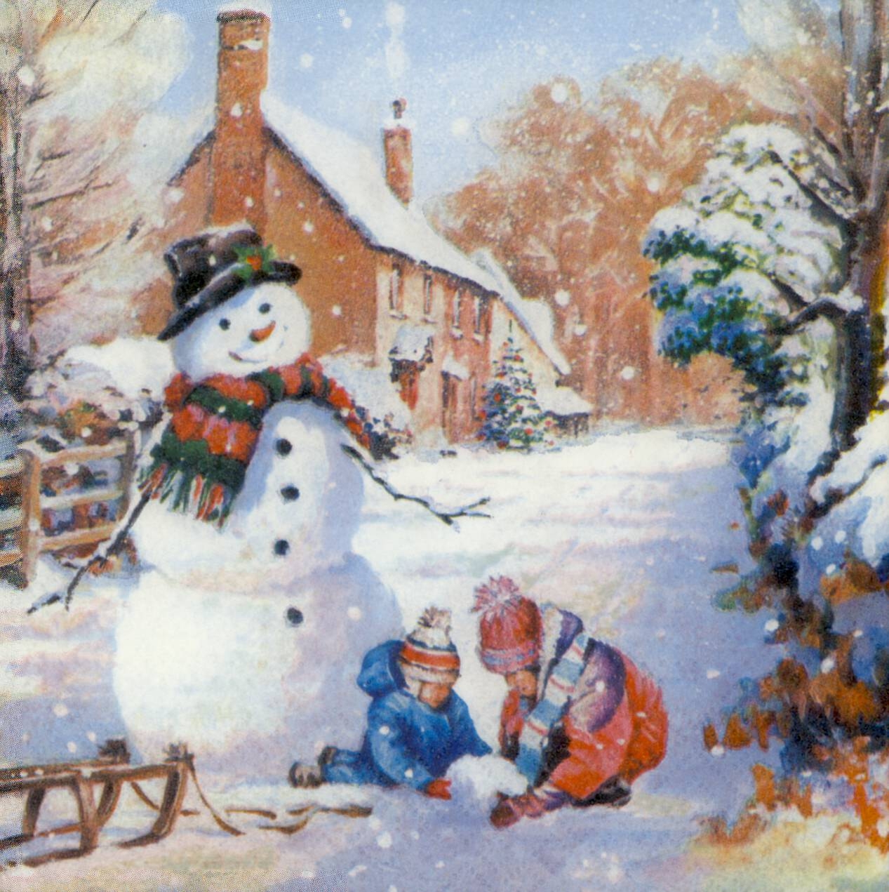 Decoupage Paper Napkins Of Christmas Snowman With Children And Sleigh Decoupage Paper Napkins Of Christmas Snowman With Children And Sleigh