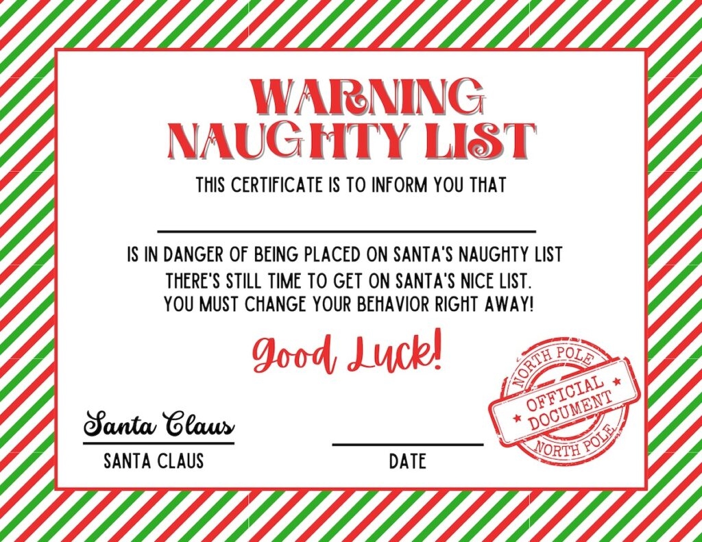EDITABLE Santa Claus Official Naughty List Certificate Printable 