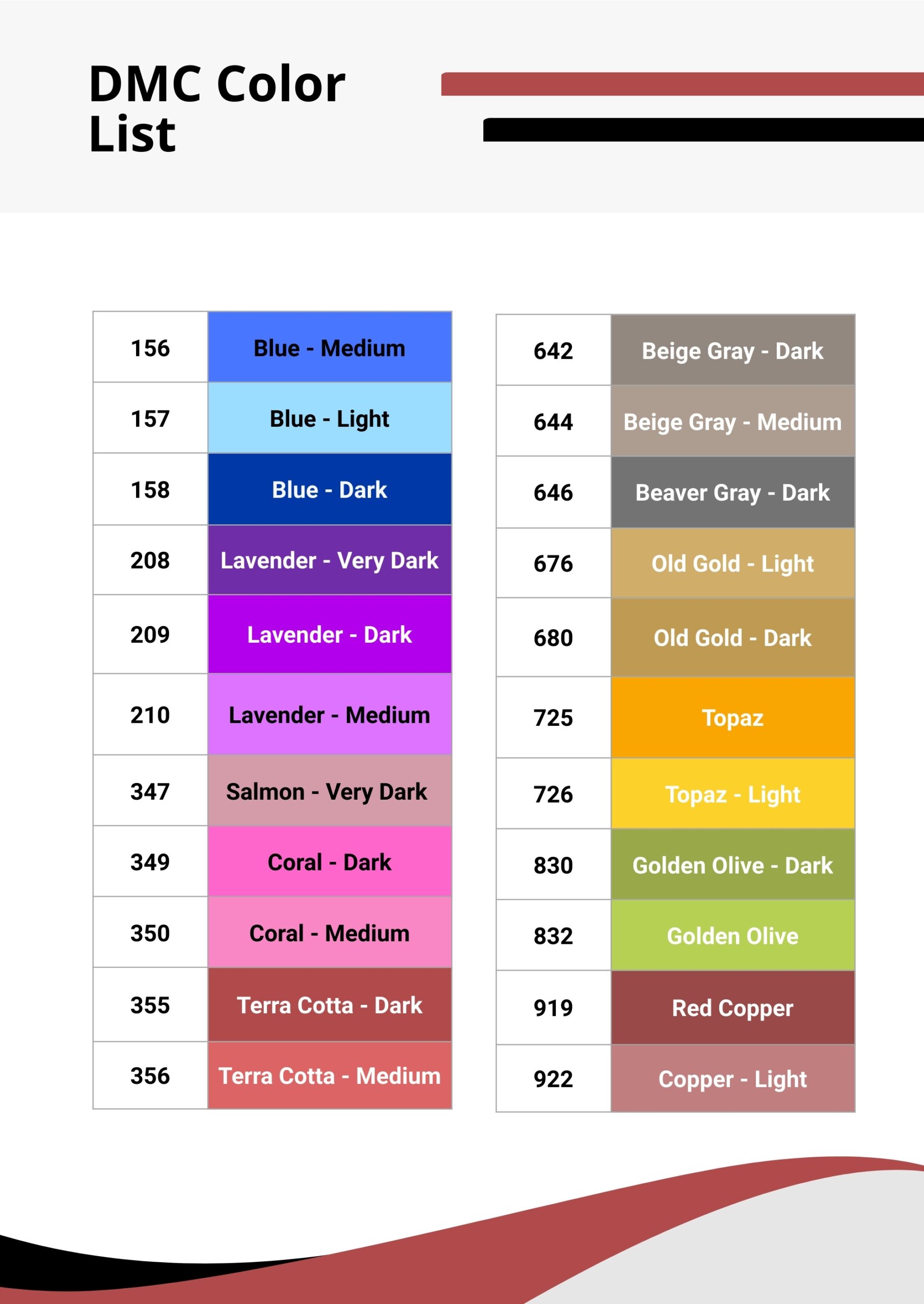 FREE DMC Color Chart Template Download In PDF Illustrator Template