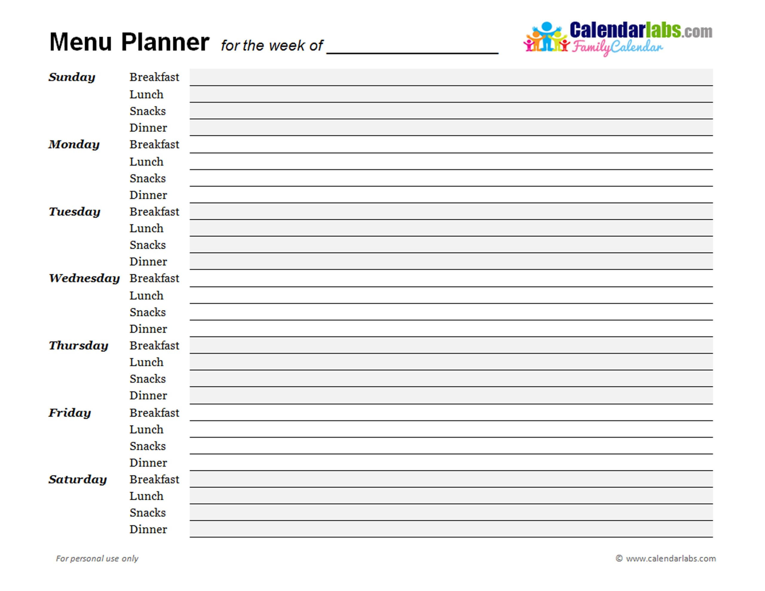 Free Menu Planner Worksheet Printable