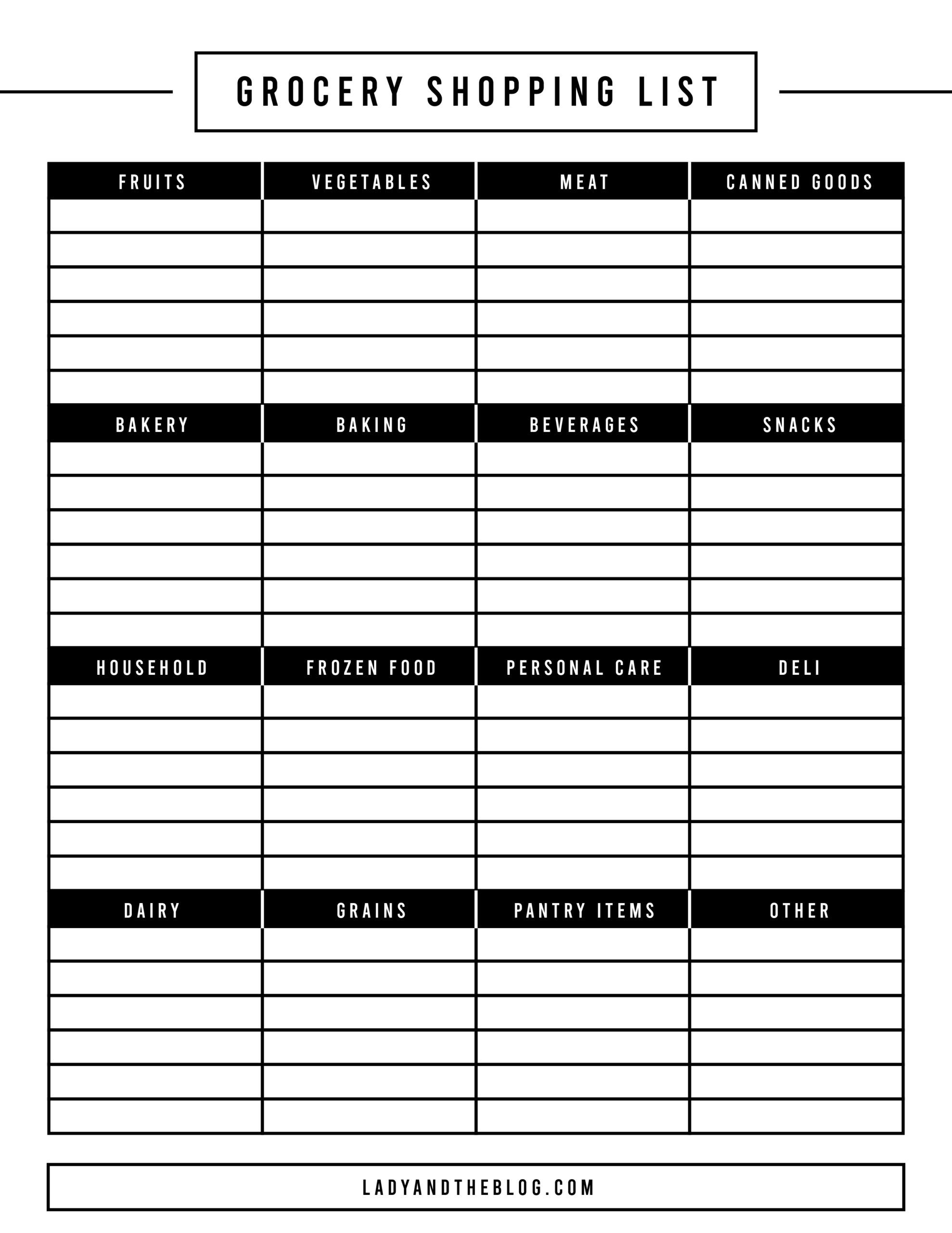 Free Printable Blank Grocery List