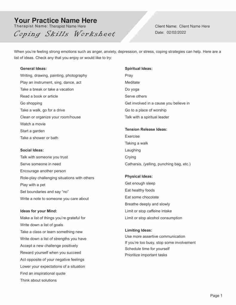 Free Printable Coping Skills Worksheets Pdf Bilarasa
