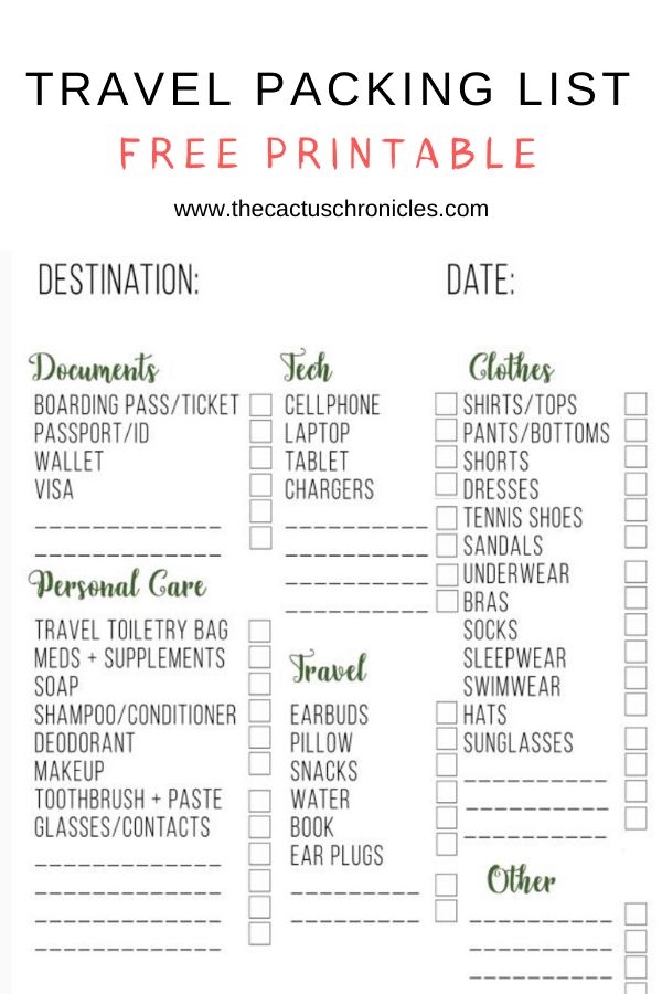 Free Travel Packing List Printable