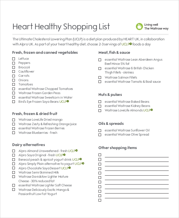 Heart Healthy Shopping List Printable