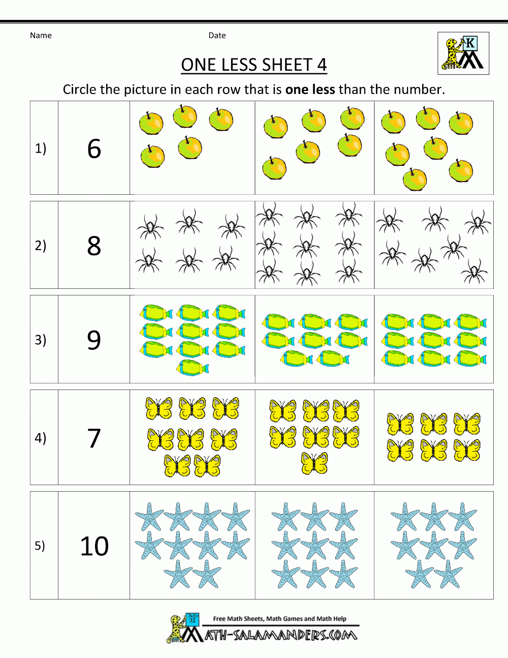 Kindergarten Math Printable Worksheets One Less