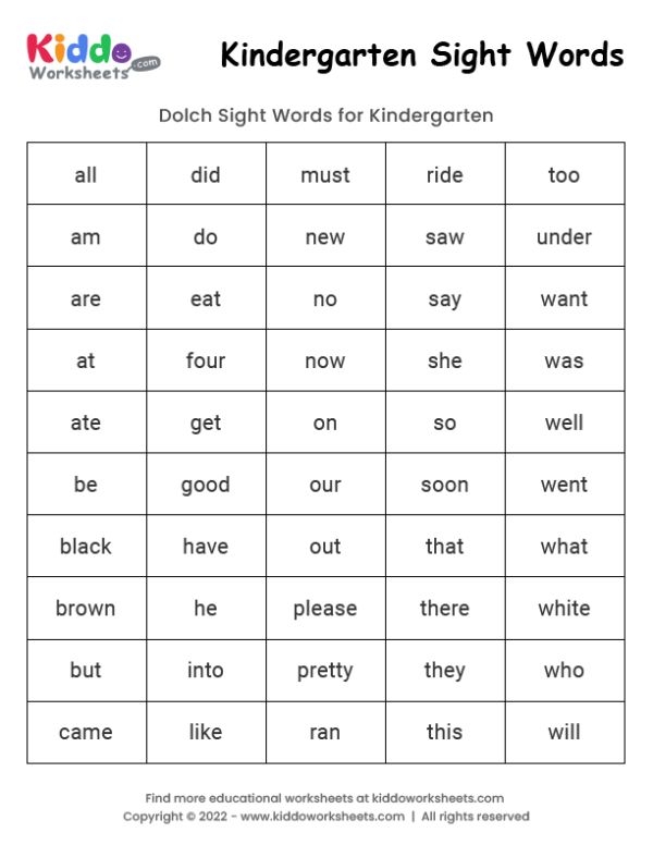 Kindergarten Sight Words Printable Kindergarten Sight Words List 