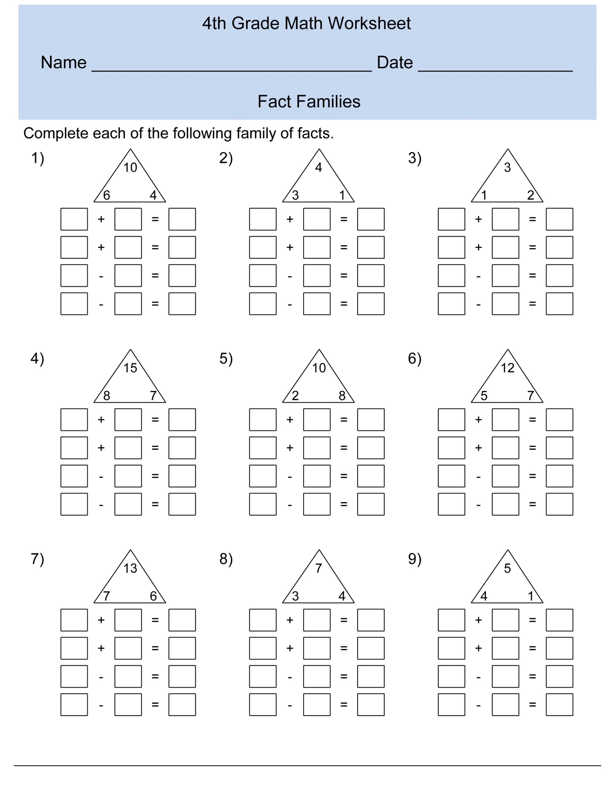 Math Worksheets Fact Families Activity Shelter