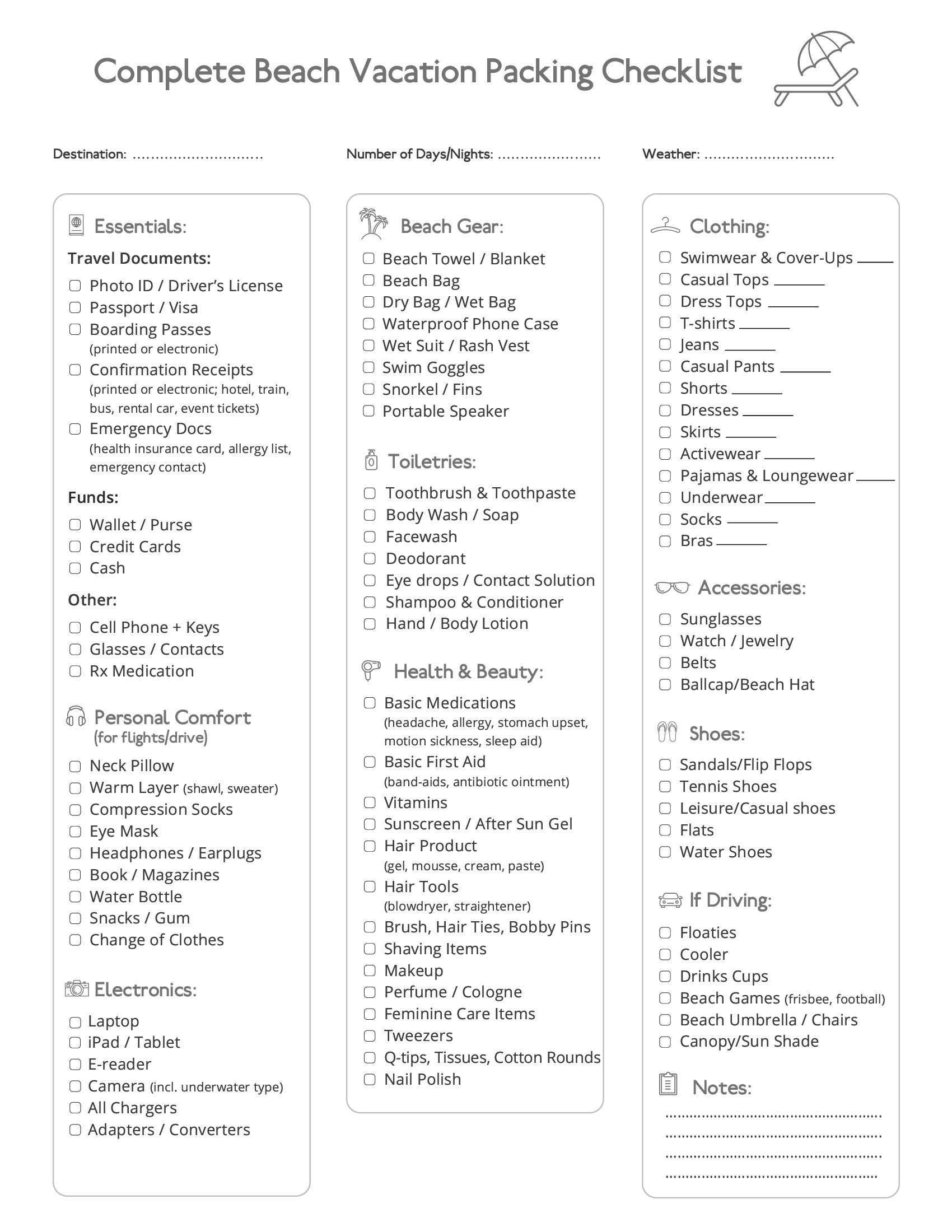 Printable Beach Packing List Photos And Vectors