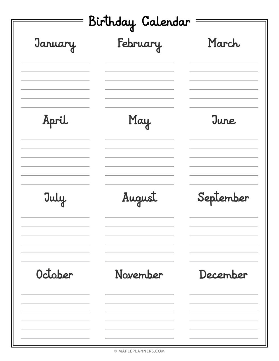Printable Birthday List Calendar