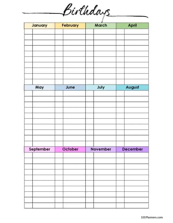 Printable Birthday List Template