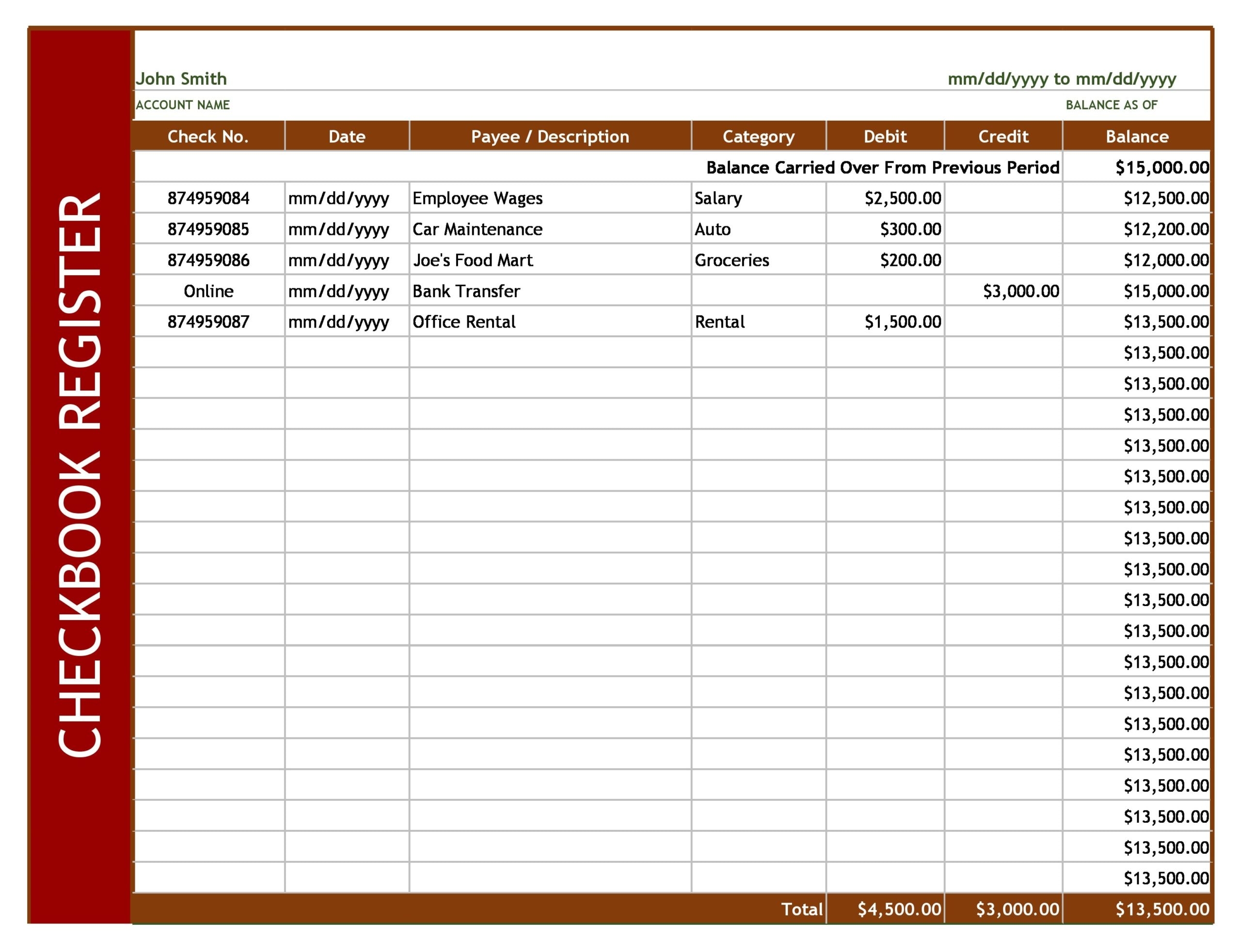 Printable Checkbook Register Template Artklim
