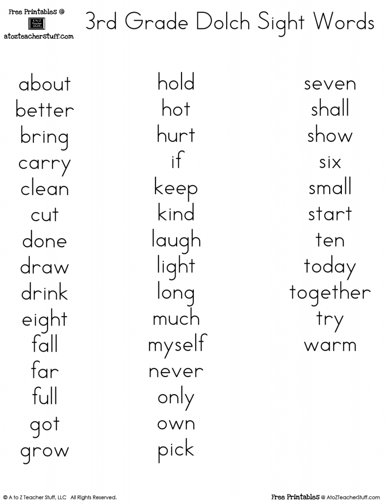 Printable Dolch Word Lists A To Z Teacher Stuff Printable Pages And 