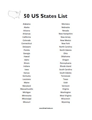 Printable List Of All The States Infoupdate