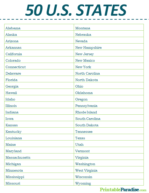 Printable List Of States In Usa Printable Word Searches