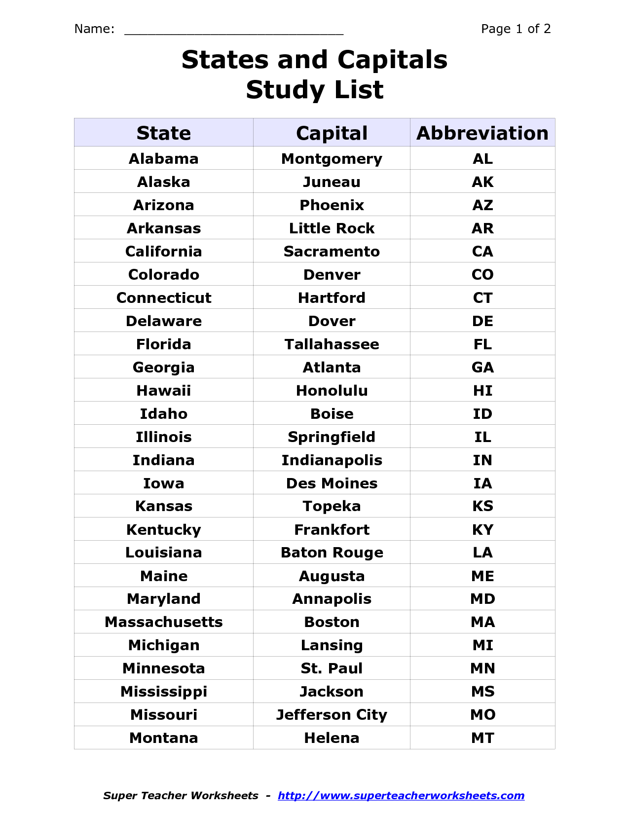 Printable List Of The United States Printable Sight Words List