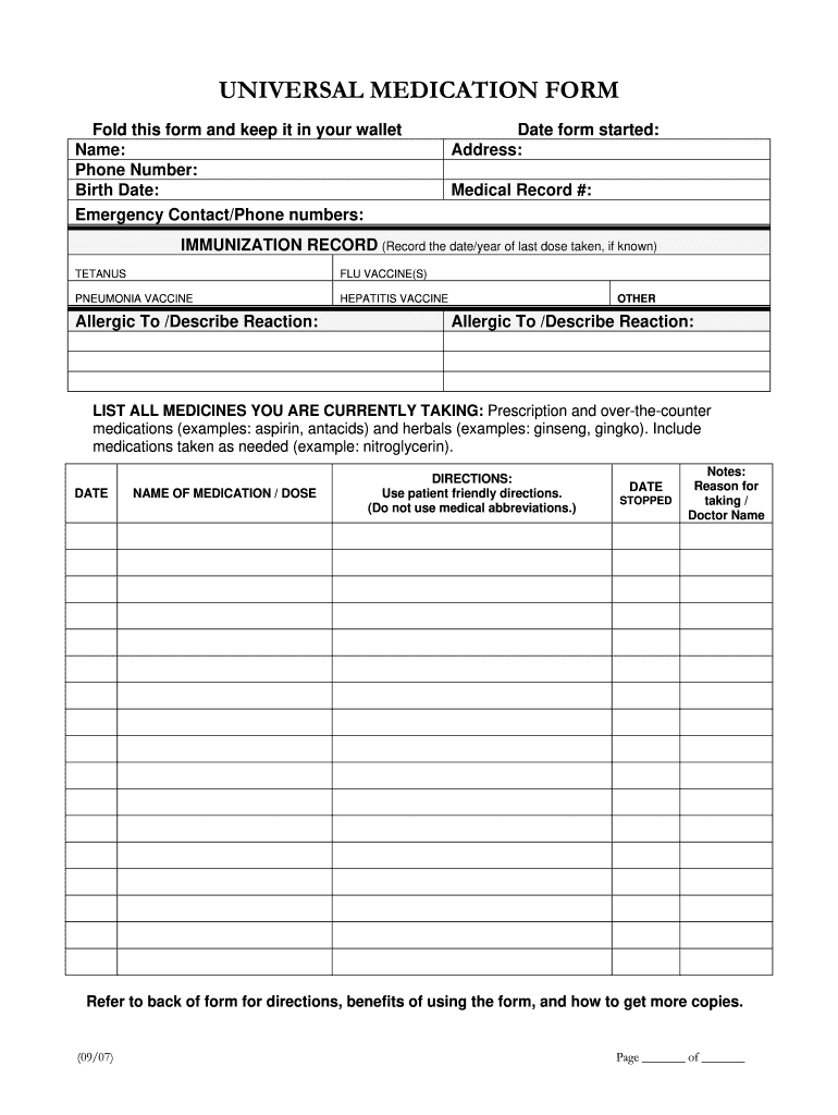 Printable Medication List Form Printable Forms Free Online