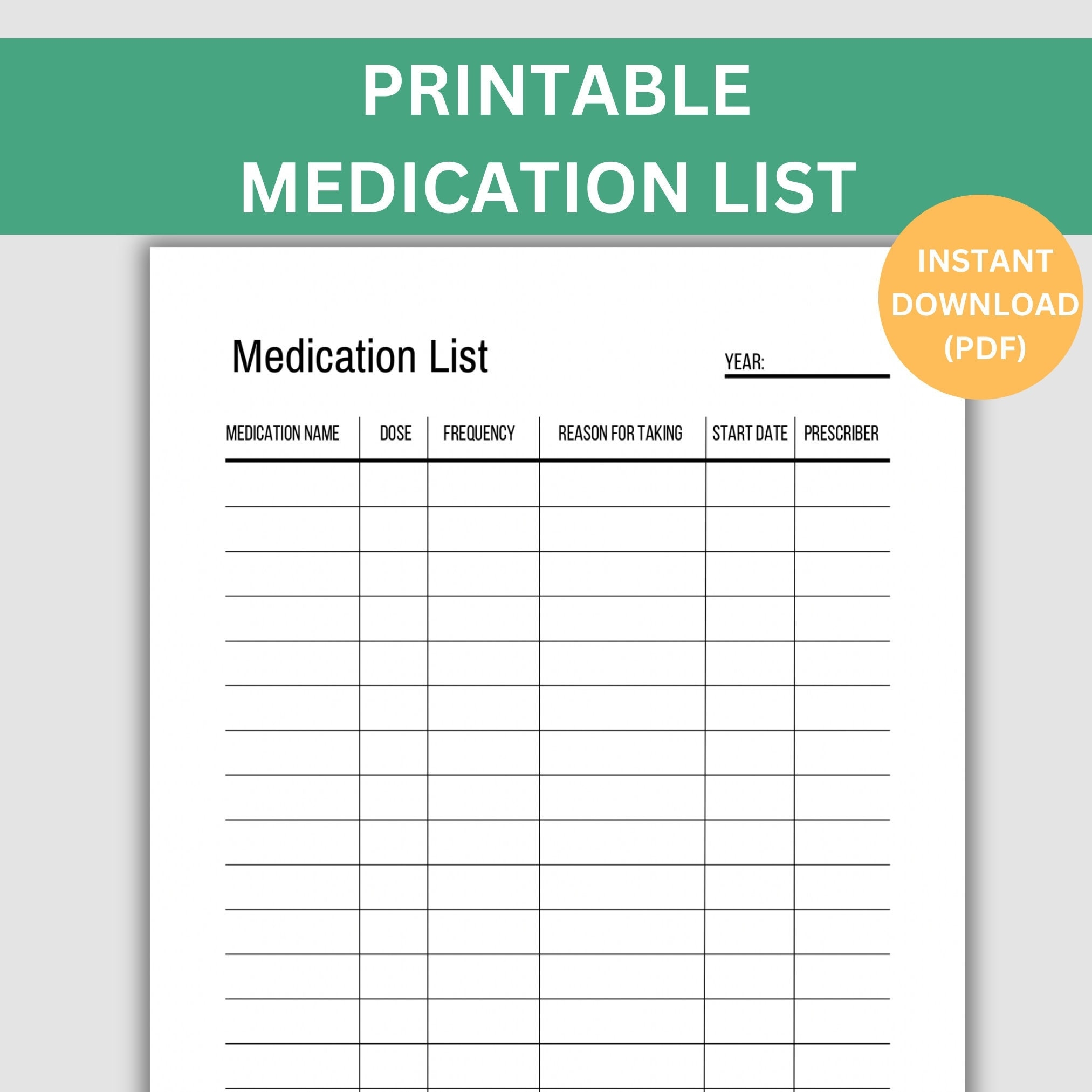 Printable Medication List Template Track Medications Instant Download 