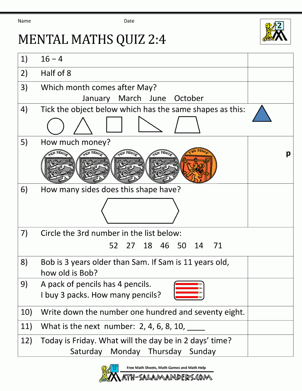 Printable Mental Maths Year 2 Worksheets