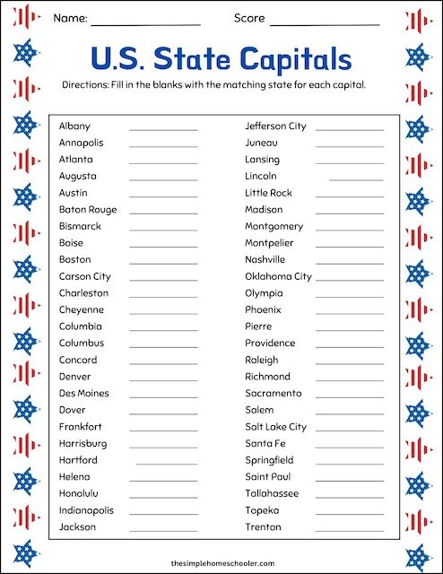 State Capitals Printable List Printable World Holiday Bilarasa
