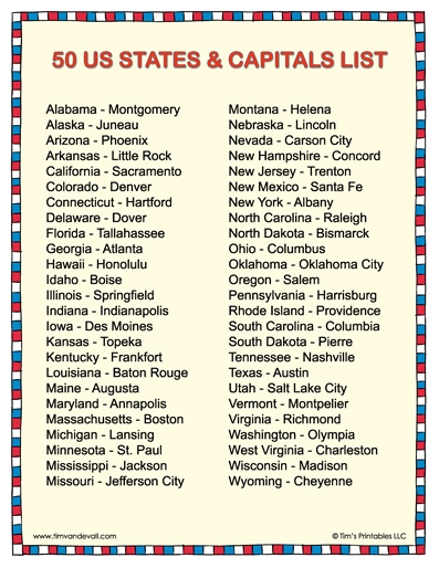 States And Capitals List Tim 39 s Printables