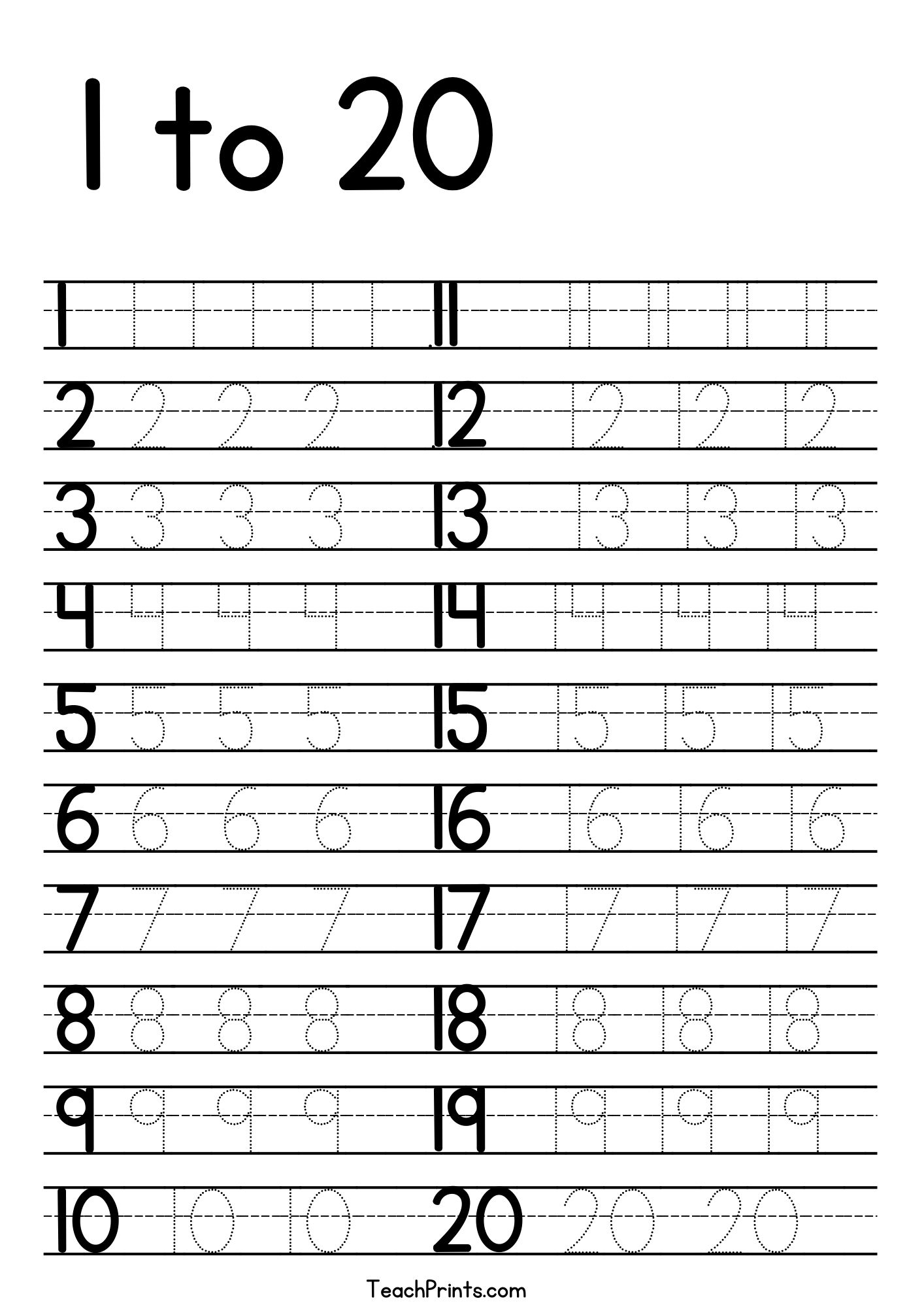 Tracing Numbers Worksheets 1 20 Numbersworksheetcom Free Printable 