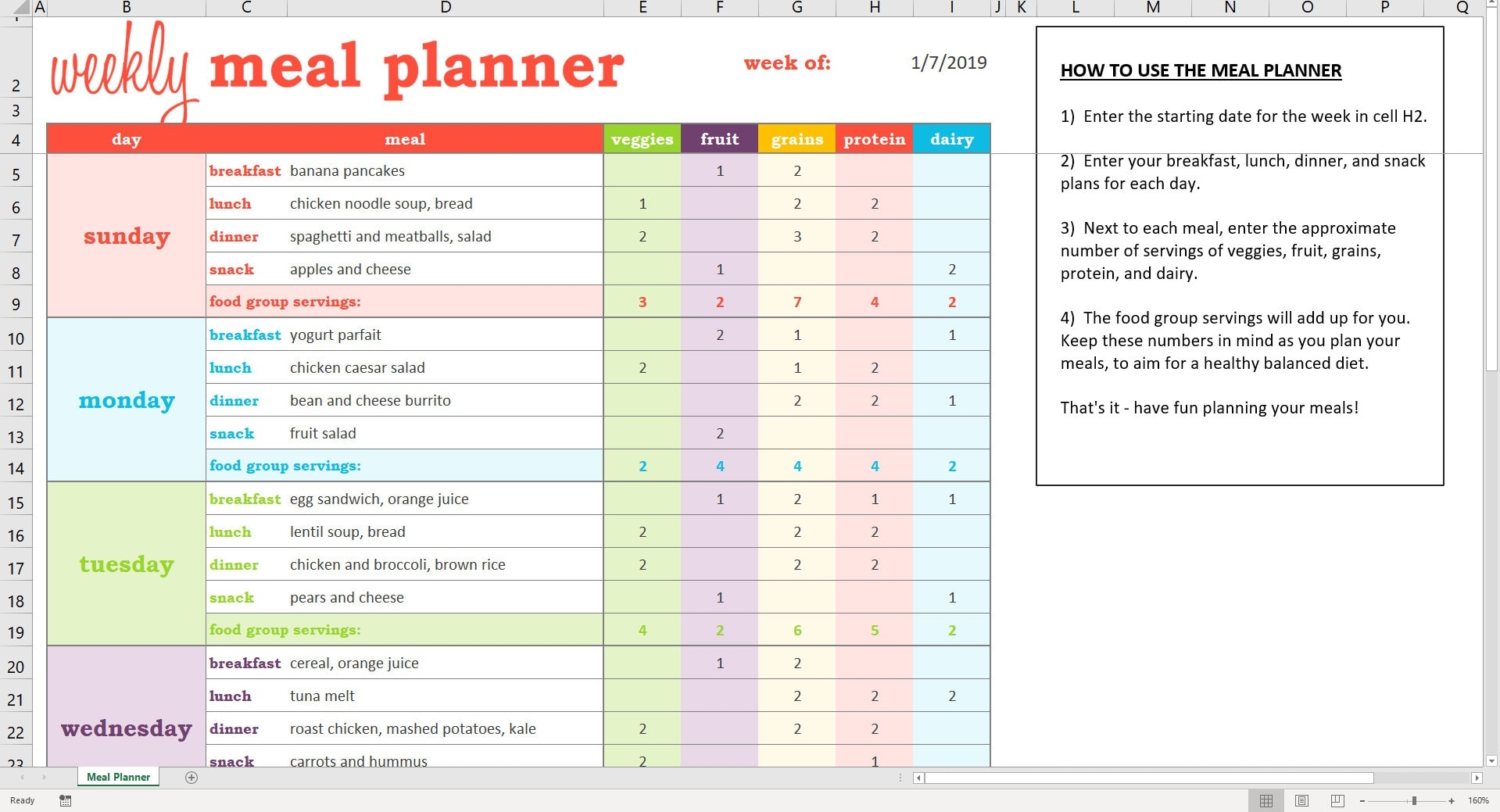 Weekly Meal Planner Excel Template