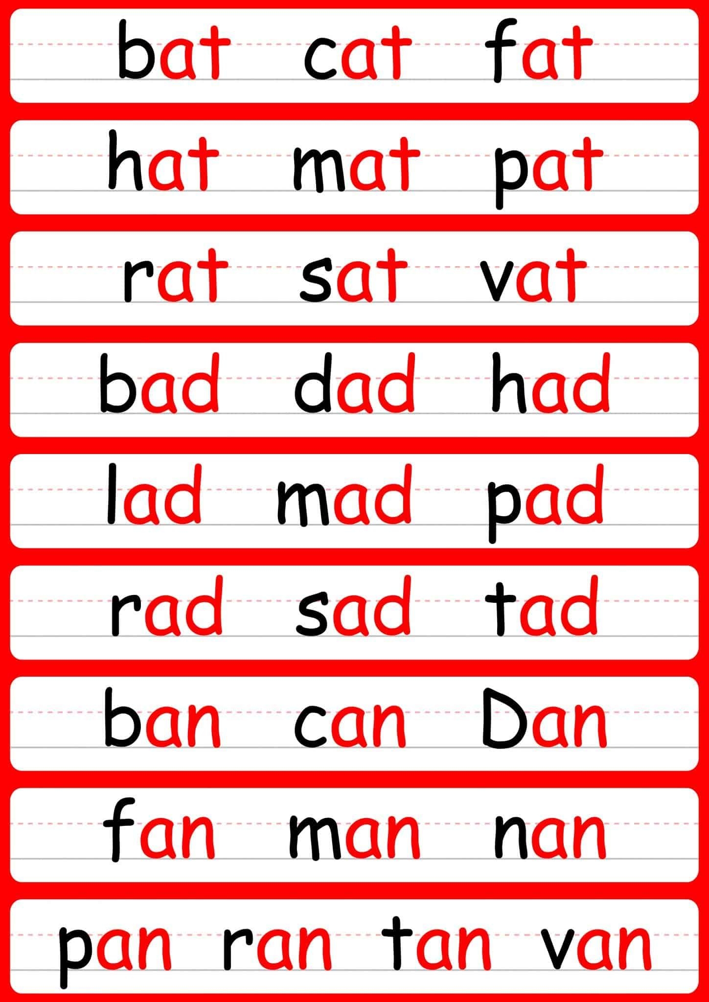 Word Families Cvc Words Printable Worksheets Cvc Word List Chart Bilarasa